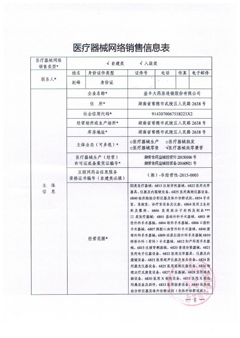 医疗器械网络销售信息表(益丰大药房连锁股份有限公司)